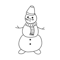 Snowman with a scarf and bucket on his head. Cute winter holiday icon. Black and white vector isolated illustration hand drawn coloring doodle