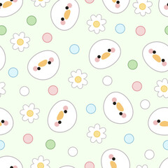 Seamless pattern of cute duck faces, flowers and dots on a green background. Kawaii style. Cartoon character design.