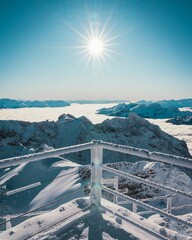 Vertical shot of frozen railings overlooking a vast winter landscape - obrazy, fototapety, plakaty