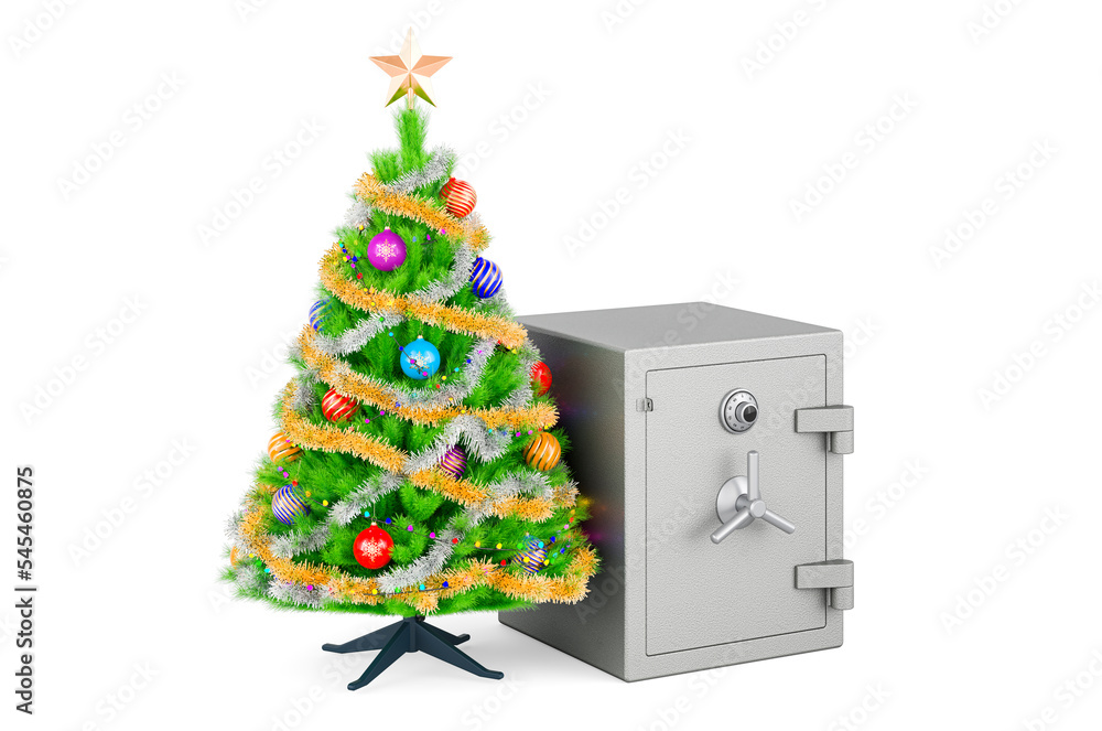 Poster safe box with christmas tree. 3d rendering