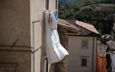 Italy, Umbria: Glimpses of the town of Norcia, partially destroyed by the 2016 earthquake.