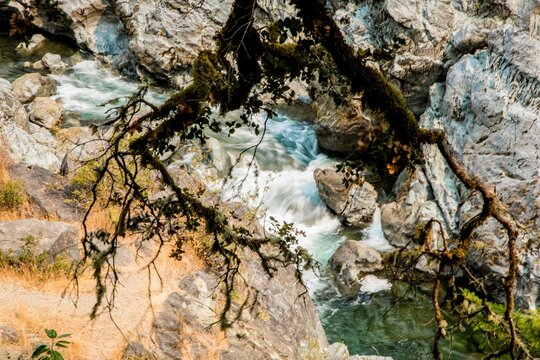 Narrow Rocky River Flowing Downstream With Bare Tree Foreground