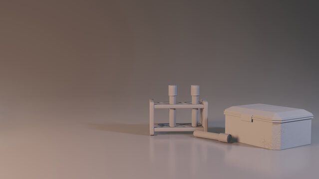 3D render with medical flasks, test tubes for analysis. Concept illustration for designs on the theme of analyzes, laboratories and medical research. Background for medical text.