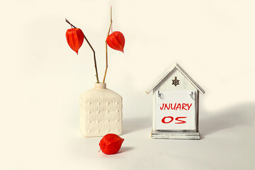 Calendar for January 5: a decorative house with the name of the month January in English, the...