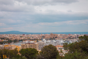 Cityscape of Palma de Mallorca with view of port and Santa Maria Cathedral