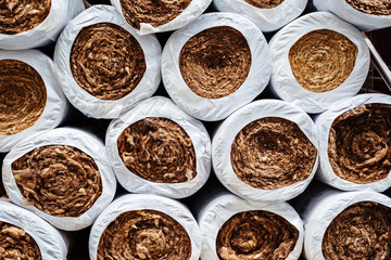 Mineral wool in rolls in the warehouse of a hardware store. Heat-insulating material for wall and ceiling insulation in a residential building and in an industrial building. Close-up