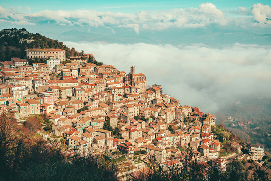 Bird's eye view of Patrica city on a green hill in Frosinone province, Lazio, Italy