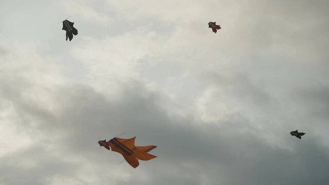 Balinese Traditional Kites JANGGAN and BEBEAN on Bali Kite Festival Summer Sky Slow Motion