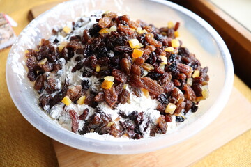 Home baking cake farmhouse's recipe have been made for Christmas cerebration which made from cooking apple  sultanas flour mixed orange peel cinnamon currant dried fruit brown sugar eggs and butter