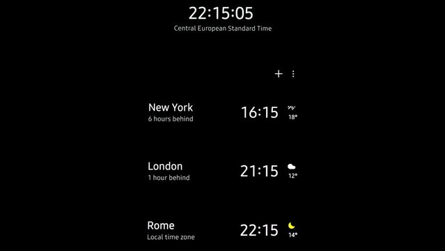 Time zones of New York, London and Rome compared to Central European Standard Time with weather indications, on a mobile screen black background.