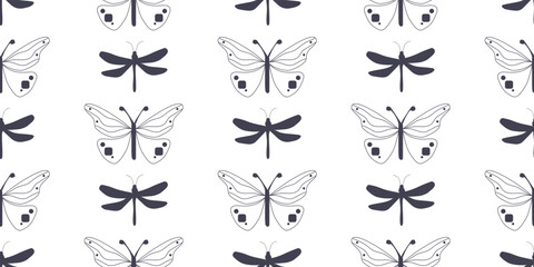 Seamless pattern of dragonflies and butterflies in blue tones on a white background.Suitable for printing on fabric and paper.