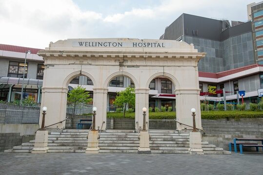 Wellington city hospital's old facade in front of the main modern replacement