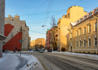 Naklejka na ściany i meble Snow-covered streets of the Petrograd side of St. Petersburg.