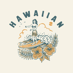 surf illustration hula graphic beach aloha design tropical vintage