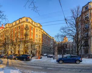 Snow-covered streets of the Petrograd side of St. Petersburg.