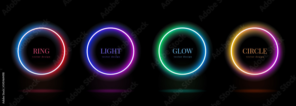 Poster neon light glow. led circles. green space frame. abstract red ring. purple and blue illuminated line