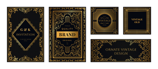 Ornament frame. Flourish border. Luxury label. Victorian or Baroque filigree certificate. Premium greeting cards set. Vintage postcards with gold ornate swirls. Vector design pattern