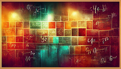Obraz premium Wall Full of Mathematics Equation, Mathematical Symbol and Formula in Colorful Grunge Wall Background Texture Illustration