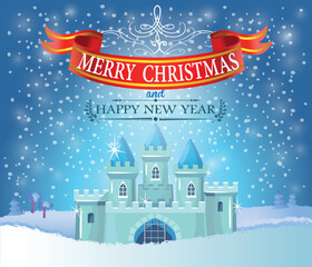 Christmas greeting card in vintage style with ice princess castle