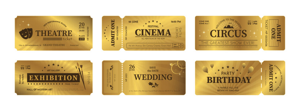 Vintage old ticket. Golden coupon template. Theatre or cinema entry pass. Movie event admit. Circus or exhibition card design with separation line. Vector party admission badges set