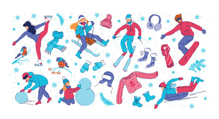 Fototapeta na wymiar Winter people clothes. Snow Christmas activity. Cozy garment. Doodle holidays family leisure. Warm hat and scarf. Children sweater and mittens. Cold weather. Vector illustration collection