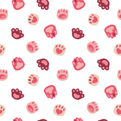 Cat paw pattern, kitten and dog hearts. Cute repeat of animal logo, kitty claws, calico pet signs. Decor textile, wrapping paper, wallpaper. Meow characters hands. Vector seamless background