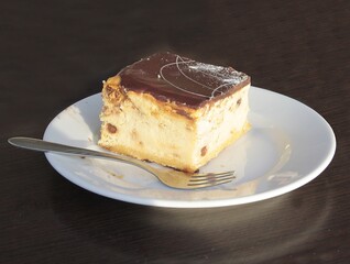 piece of cheesecake with brown chocolate icing as dessert