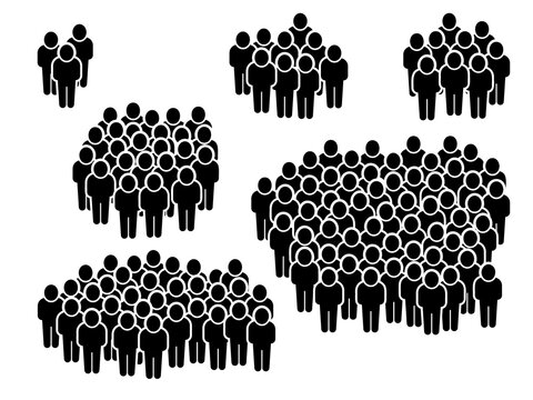 Group of people. Persons crowd icons. Business men team. Users pictogram. Women staff members standing together. Community signs. Black silhouette symbols set. Vector graphic illustration