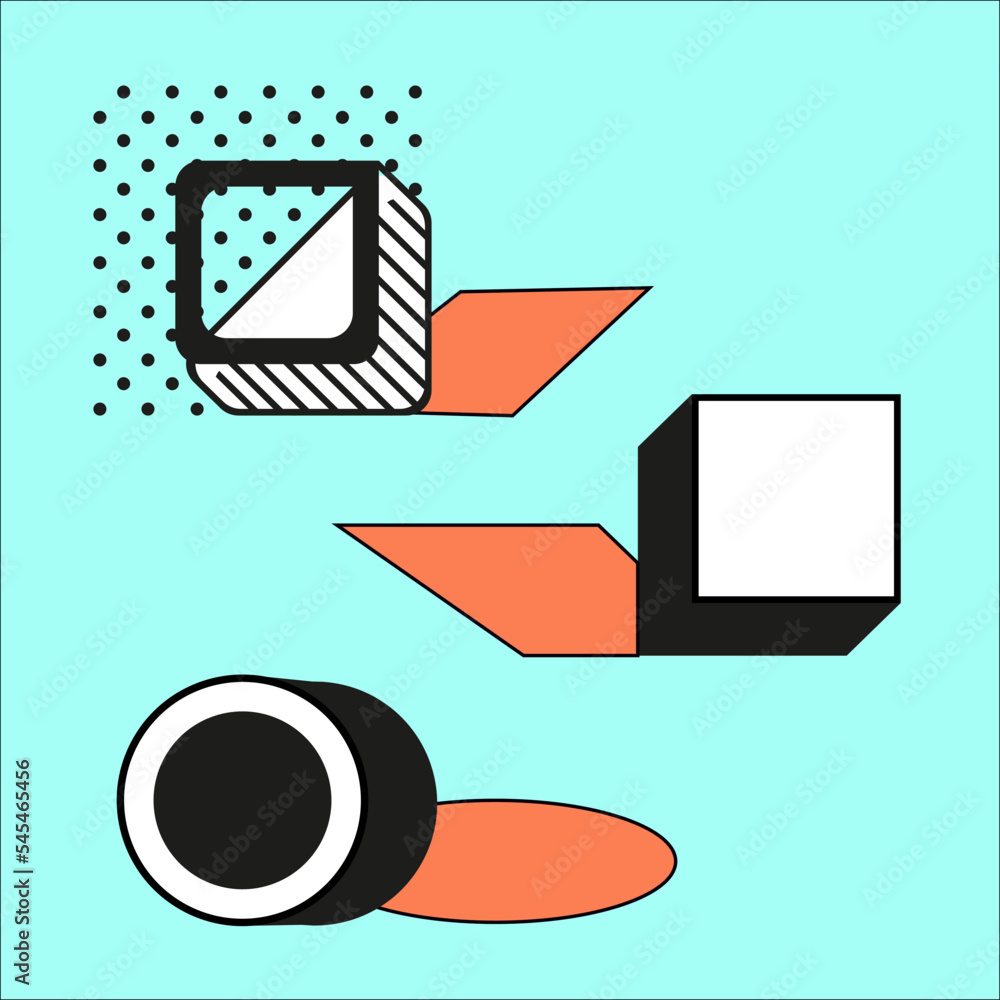 Poster Abstract background. Square card. Cubes and cylinders. Minimal shapes with graphic shadows. Contour forms. Geometric figures composition. Halftone dots. Bright cover. Vector collage banner