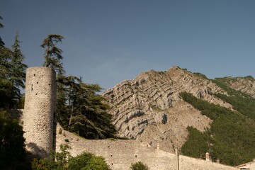 Ruins and mountains in Astate village in France