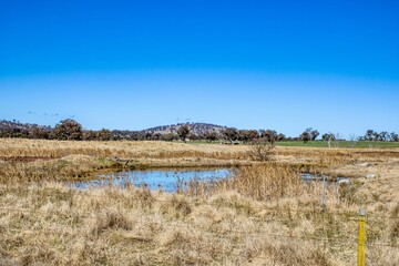 Landscape of a countryside with a dam at Emmaville, New South Wales, Australia.