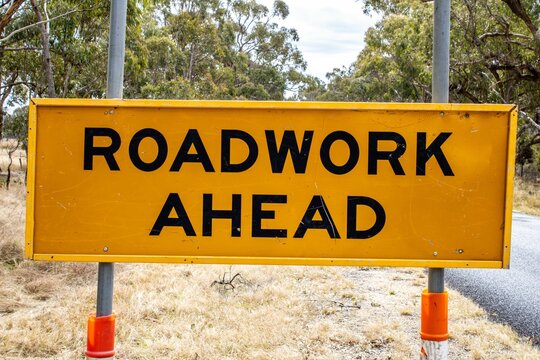 Roadwork Ahead Sign Near Emmaville, New South Wales, Australia.