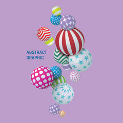 Abstract graphic balls. 3D background. Geometric circle shapes. Patterned spheres composition. Striped or spotted ornament. Art balloons. Bubbles dynamic motion. Vector modern design