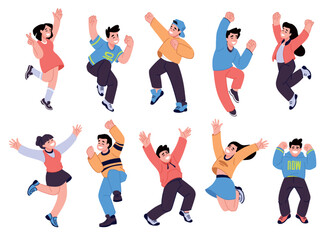 Happy teenagers. Celebrate people, characters have fun. Young man and woman persons on party, birthday celebration. Boys and girls jumping and smiling. Vector cartoon flat style concept