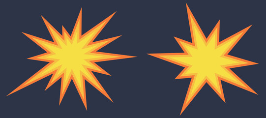 Flames after detonation, blow-up and explosion of the bomb. Explosive collision emoticon. Vector illustration.