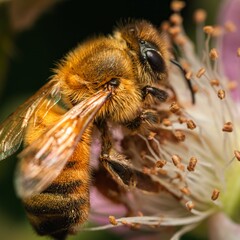 Macro shot of a honeybee pollinating a raspberry bush flower