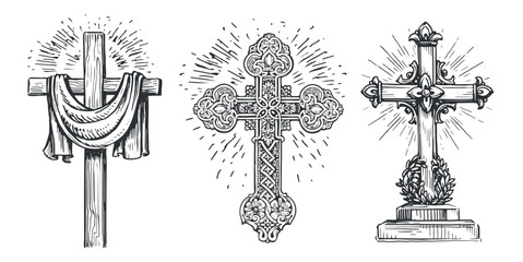 Cross symbol of faith in God. Biblical sign. Catholicism, christianity religious elements. Vintage vector illustration - obrazy, fototapety, plakaty
