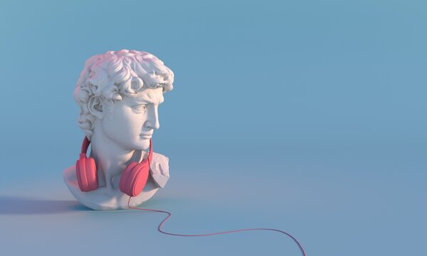 David sculpture wearing headphones around his neck. 3D render. Copy space for text