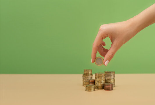 Female hand holding a coin above the stack of coins. Finance concept