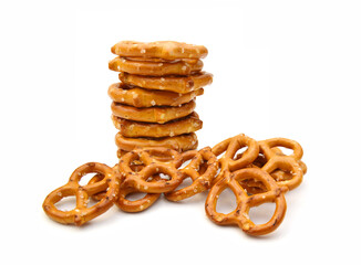 Crispy pretzels on white background 
