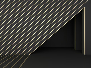 Abstract dark geometric background; triangular opening mock-up; simple clean triangular design with golden stripes; luxury minimalist wall niche mockup; art deco display; 3d rendering, 3d illustration