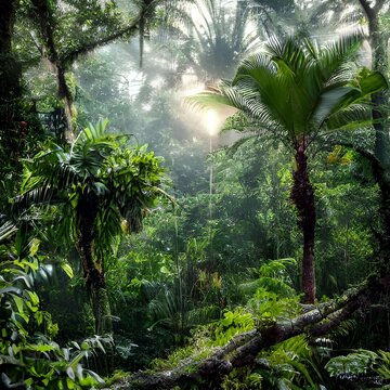beautiful scene of sunset evening in tropical forest with trees