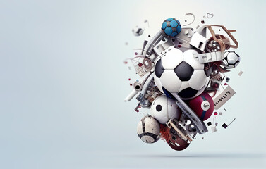 Sport 3d illustration with soccer ball coming in cracked and elements on white background.