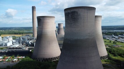 Aerial shot of the cooling towers of Fiddlers Ferry Power Station in Warrington