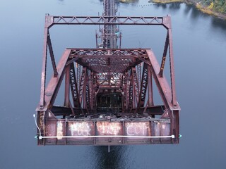 Aerial view of a lifting bridge foundation over the river