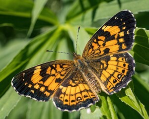 Closeup of a chlosyne nycteis butterfly on the green leaves