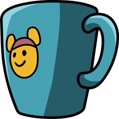 Cartoon-style blue cup with a smiley face isolated on a white background.