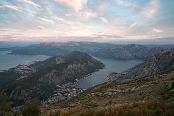 Aerial view of beautiful mountains near the lake