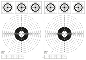 Target shoot. Gun shooting range. Target with numbers, bullseye and aim. Background for sport shooting. Isolated icon for rifle, pistol, sniper and army practice. Vector. Print format page A4 sheet.