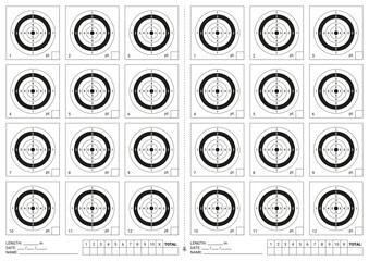 Target shoot. Gun shooting range. Target with numbers, bullseye and aim. Isolated icon for rifle, pistol, sniper and army practice. Vector. Print format page design on A4 sheet.